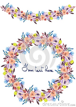 Frame border, garland and wreath of purple, pink and yellow flowers and branches Stock Photo