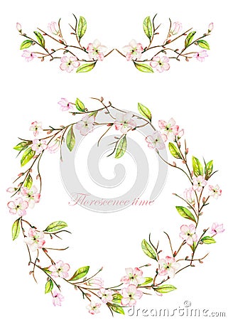 Frame border, garland and wreath of the tender pink blooming flowers and branches with the green leaves painted in a watercolor on Stock Photo