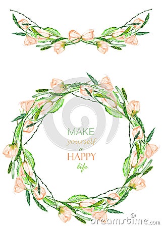 Frame border, garland and wreath of the tender pink spring flowers with the green leaves painted in a watercolor Stock Photo