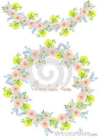 Frame border, garland and wreath of yellow and tender pink flowers and branches Stock Photo