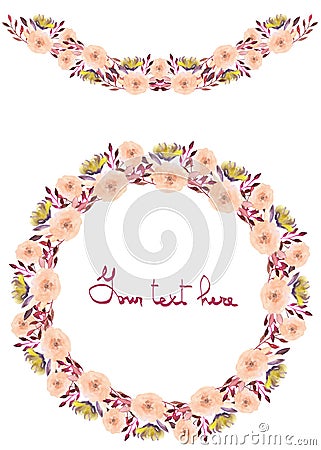 Frame border, garland and wreath of yellow and tender pink flowers and branches Stock Photo