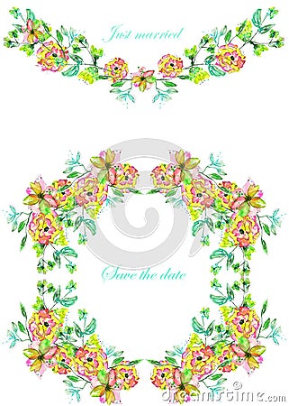 Frame border, garland and wreath of yellow and tender pink flowers and branches with the green and blue leaves painted in waterco Stock Photo