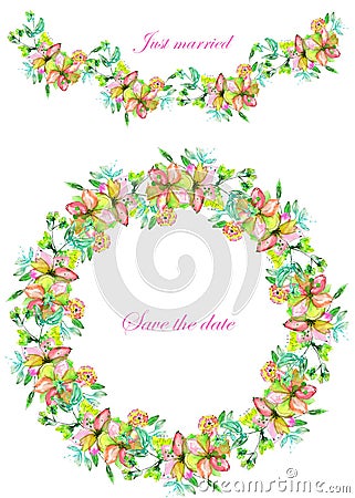 Frame border, garland and wreath of yellow and tender pink flowers and branches with the green and blue leaves painted in waterco Stock Photo