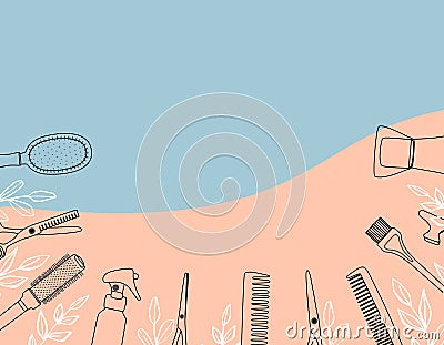 Frame, border of hairdressing tools. Hair salon accessories outline, hair dryer, comb, scissors and abstraction. Vector Vector Illustration