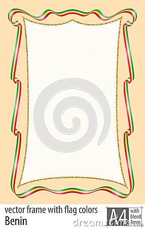 Frame and border of ribbon with the colors of the Benin flag, with protective grid. Vector, with bleed three mm. Stock Photo