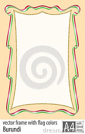 Frame and border of ribbon with the colors of the Burundi flag, with protective grid. Vector, with bleed three mm. Stock Photo