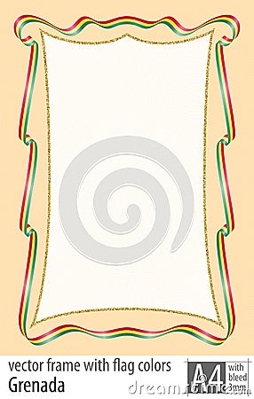 Frame and border of ribbon with the colors of the Grenada flag, with protective grid. Vector, with bleed three mm. Stock Photo