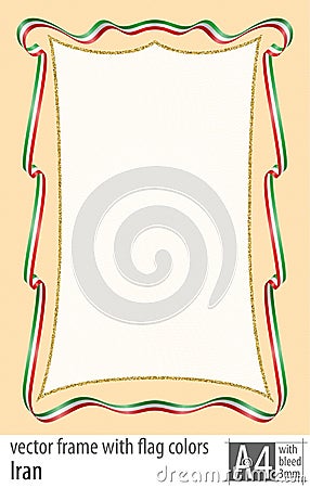 Frame and border of ribbon with the colors of the Iran flag, with protective grid. Vector, with bleed three mm. Vector Illustration