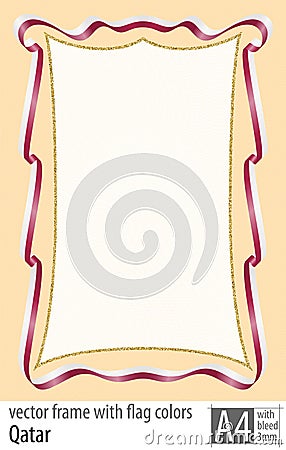 Frame and border of ribbon with the colors of the Qatar flag, with protective grid. Vector, with bleed three mm. Vector Illustration