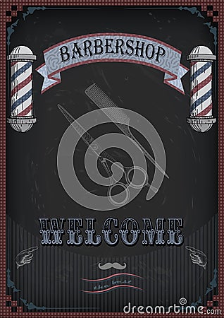 Frame border scissors, shears, shear comb sign shingle for barber haircutter, vintage retro inscription barbershop. Vector Vector Illustration