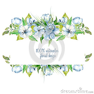 Frame border with simple watercolor blue wildflowers and green fresh leaves Stock Photo