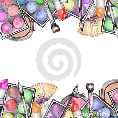 A frame border with the watercolor makeup tools: blusher, eyeshadow, lipstick and makeup brushes Stock Photo