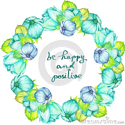 Frame border (wreath) of tender blue and turquoise flowers with the mint leaves painted in watercolor on a white background, greet Stock Photo