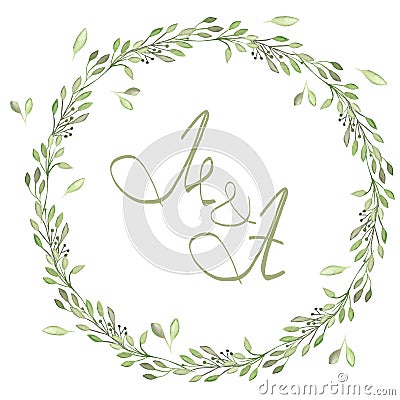 Frame border, wreath of tender branches with green leaves painted in watercolor on a white background, greeting card Stock Photo
