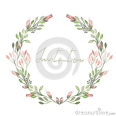 Frame border, wreath of tender pink flowers and branches with green leaves painted in watercolor on a white background Stock Photo