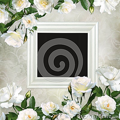 Frame and borders of white roses on a beautiful vintage background Stock Photo