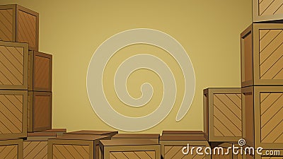 Frame of Boxes with YellowBackground, Wooden Box. Slide Presentation. Warehouse. Box Stack. Original Assets 3D Render. Stock Photo