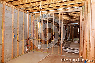 The frame building or house with basic electrical wiring Stock Photo