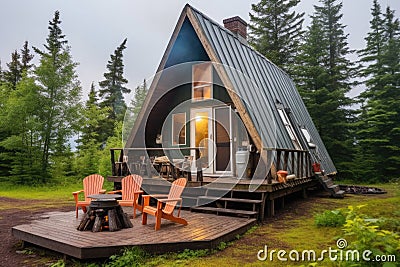 a-frame cabin with smoke coming from chimney Stock Photo