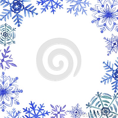 Frame card with hand drawn watercolor colorful snowflakes isolated on white background. Stock Photo