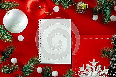 Frame of Christmas decoration on red background top view Stock Photo