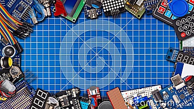 Frame collage with copy space of microcontroller board display sensor button switches cable wire accessories and equipment Stock Photo
