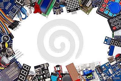 Frame collage with copy space of microcontroller board display sensor button switches cable wire accessories and equipment Stock Photo