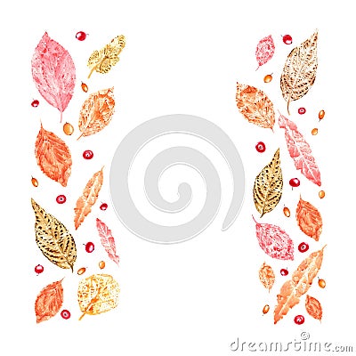 Frame of colorful autumn leaves imprints, sea buckthorn and cowberries isolated on white background. Set of fall dry leaves and Cartoon Illustration