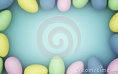 Frame of colorful easter eggs on blue background, 3d render Stock Photo