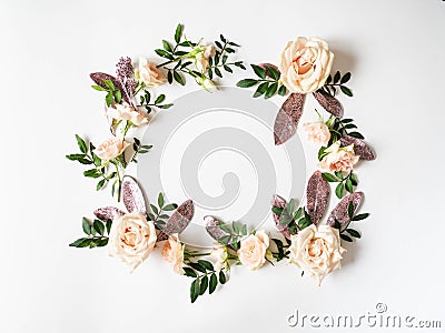 Frame colorful various flowers and leaves on white background. Top view Stock Photo