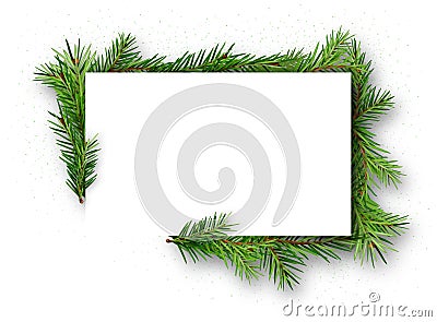 Frame with Coniferous Twigs on White Background Vector Illustration