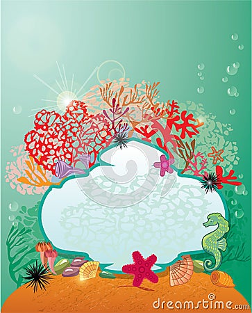 Frame and Coral Reef and Marine life - background. Vector Illustration