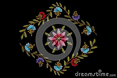 Frame of corners with embroidered satin stitch borders with purple, red and white cornflowers on black Stock Photo