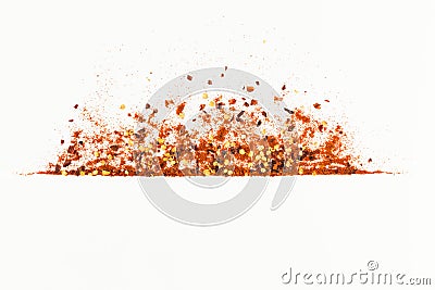 Frame of crushed red cayenne pepper, red paper paprica, dried chili flakes and seeds isolated on a white background. Homemade Stock Photo