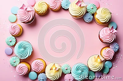 Frame of cupcakes on a pink background Stock Photo