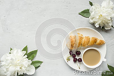 Frame custard cakes cherry flowers peony tea Cup. Copy space, Stock Photo