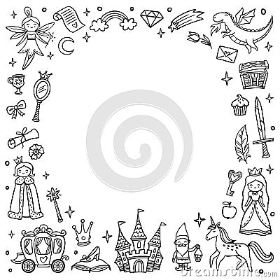 Frame with cute fairy tale and magic objects. Doodle Vector. Vector Illustration