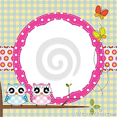 Frame of cute owls on tree branch. Vector Illustration