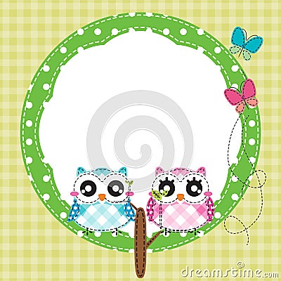 Frame of cute owls on tree branch Vector Illustration