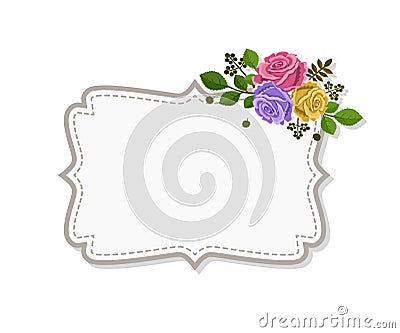 Frame decorated with stitching and flowers, isolated on whiye background Cartoon Illustration