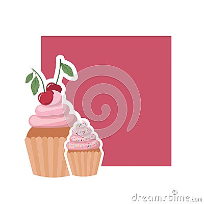 Frame with delicious cupcakes and cream Vector Illustration