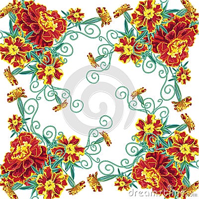 Frame of dense orange flowers of marigold, calendula, leaves and Vector Illustration