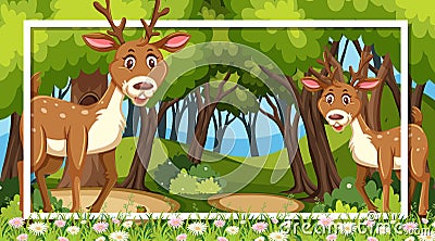 Frame design with cute deers in the forest Cartoon Illustration