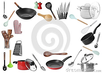 Frame of different kitchenware on white background, space for text Stock Photo