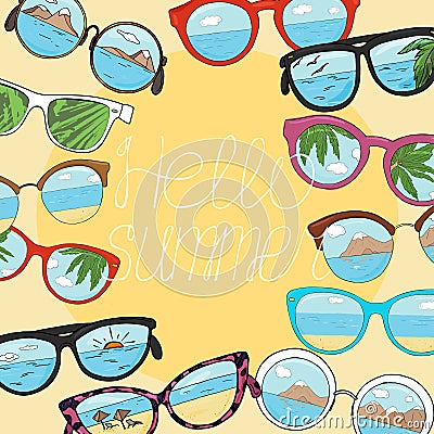 Frame with different sunglasses with copy space. Glasses with reflection of the beach, mountains, sea and palm trees Vector Illustration