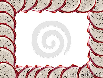 Frame dragon fruit slice round white pulp with black seeds on a white background Stock Photo