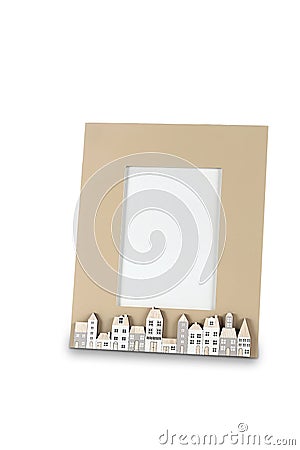 Photo frame with small houses isolated on white background 3D illustration Stock Photo