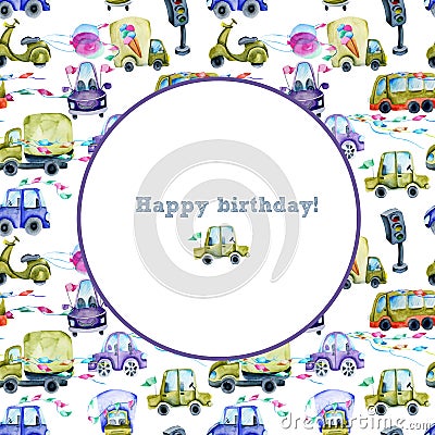 Frame with festive watercolor cars background Stock Photo
