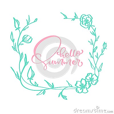 Frame floral scandinavian calligraphy lettering composition text Hello Summer. Vector Hand Drawn Isolated frame Vector Illustration