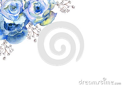 Frame with floral watercolor illustration. Blue roses on white isolated background. Bright flowers, leaves, for wedding stationery Cartoon Illustration